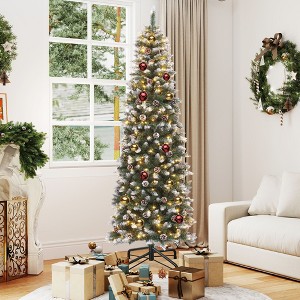 6ft/7.5ft Pre-Decorated Pencil Christmas Tree Partially Flocked & Frosted Slim Artificial Hinged Xmas Tree - 1 of 4