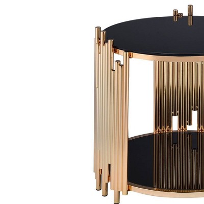 Tanquin 25" Round Black Glass & Gold Metal End Table
