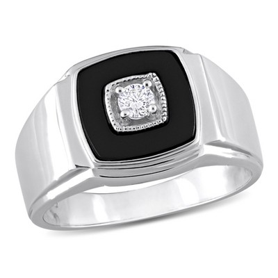 EVERLY JEWELRY | Sterling Silver 2 1/3 CT TGW Square Black Onyx and 1/6 CT TW Diamond Men's Ring