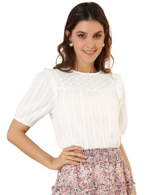 Allegra K Women's Frilled Round Neck Short Sleeve Summer Blouses