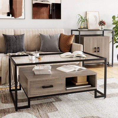Whizmax Coffee Table Tempered Glass with 2 Drawers and Storage Shelf, Vintage Glass Top Coffee Table for Living Room Home Office, Rustic Brown