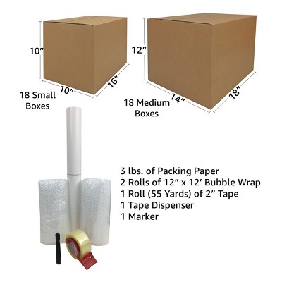 36-Pack Brown Corrugated Moving Boxes with Packing Supplies