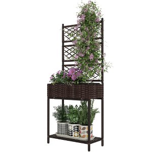 Outdoor Wicker Planter with Trellis for Climbing Plants, Freestanding Rattan Garden Box with Storage Shelf - 1 of 4