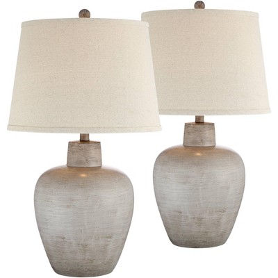 Regency Hill Glenn 27" Tall Urn Farmhouse Rustic Traditional Table Lamps Set of 2 Table Top Dimmer Terra Cotta Living Room Bedroom Bedside Beige Shade
