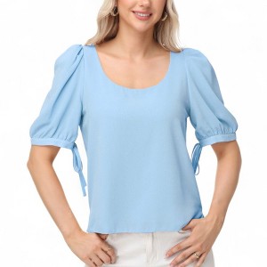 Anna-Kaci Women's Short Puff Sleeve Blouse with Scoop Neckline and Tie Cuff Detail for a Feminine Everyday Look - 1 of 4