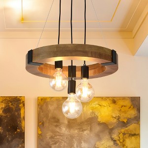 BAOURE 3-Light Farmhouse Wooden Chandelier 17.72in Circular Pendant with Adjustable Height Rustic Natural Wood Ceiling Light for Kitchen Island - 1 of 4