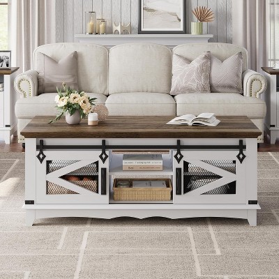 Modern Farmhouse Coffee Table with Storage, 48'' Large Cocktail Table with Sliding Barn Doors Rectangular Center & Rustic Coffee Table