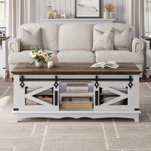 Modern Farmhouse Coffee Table with Storage, 48'' Large Cocktail Table with Sliding Barn Doors Rectangular Center & Rustic Coffee Table - 1 of 4