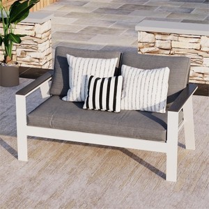 Heynemo 2-Seat Aluminum Outdoor Patio Loveseat Furniture Set With Faux Wooden, Aluminum Sofa Chair Conversation Furniture With Cushions - 1 of 4