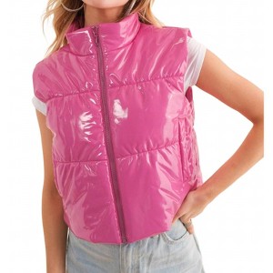 Women's Gloss Shiny Pu Quilted Puffer Zip Up Crop Vest - Blue B - 1 of 2