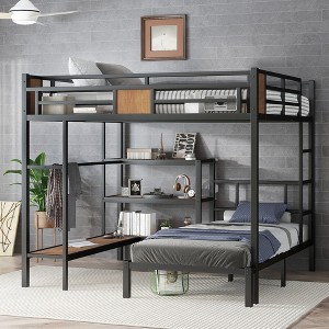 Queen Over Twin Bunk Bed with Hangers and Shelves - 1 of 4