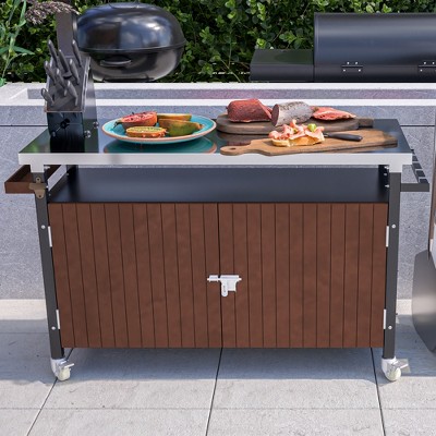 Outdoor Grill Cart, Dining Cart Table with Stainless Steel Top, Storage Space, Hooks and Spice Rack, Rolling Serving Cart Movable Food BBQ Prep Table
