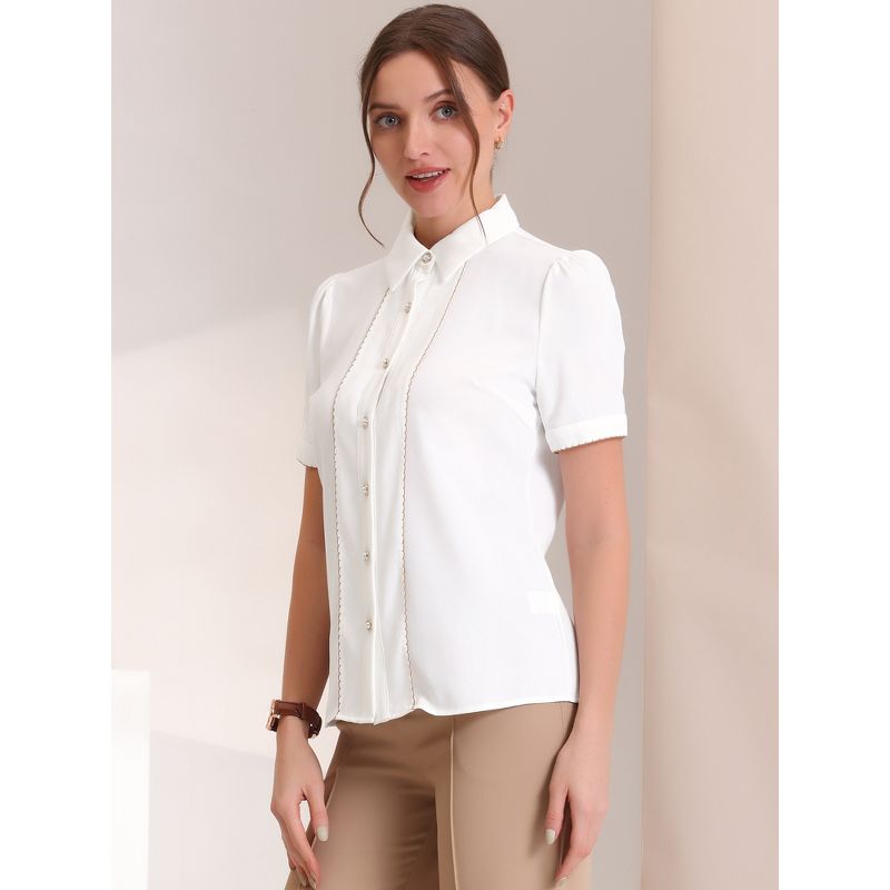 Allegra K Women's Contrast Trim Point Collar Puff Short Sleeve Button Down Shirt, 4 of 6