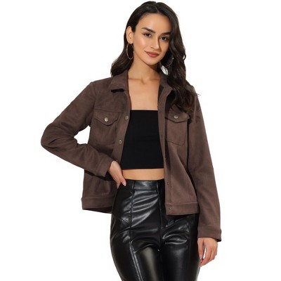 INSPIRE CHIC Women's Turn-Down Collar Flap Pockets Snap Button Faux Suede Jacket