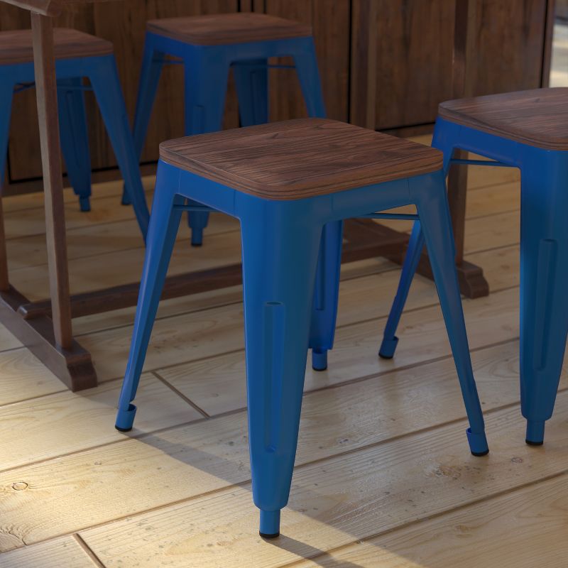 Emma and Oliver Set of Four Table Height Backless Stacking Welded Iron Stools with Wooden Seats and Under Seat Bracing for Indoor Use, 3 of 10