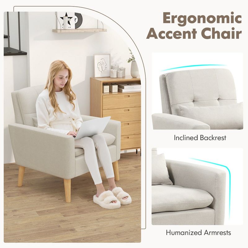 Tangkula 2PCS Mid-century Accent Chair Linen Fabric Reading Armchair w/ Lumbar Pillow, 5 of 9
