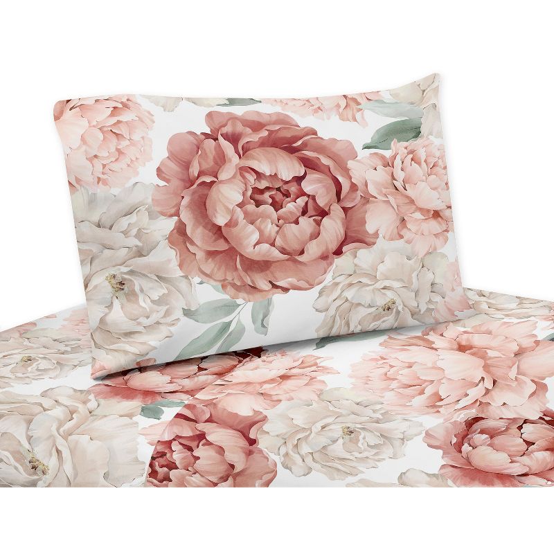 Sweet Jojo Designs Kids' Queen Sheet Set Peony Floral Garden Pink and Ivory 4pc, 1 of 5