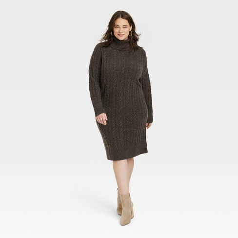 Women's Turtleneck Long Sleeve Cozy Sweater Dress - A New Day™ Brown XS