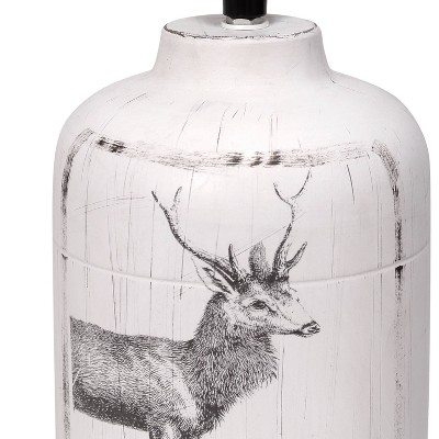 White Ceramic Deer Print Nightstand Lamp with Linen Shade