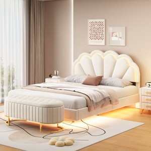 Queen Bed Frame And Headboard,Bed Floating With Led Lights,Velvet Fabric Bed,Elegant Floral Headboard-Cuddlewood - 1 of 4