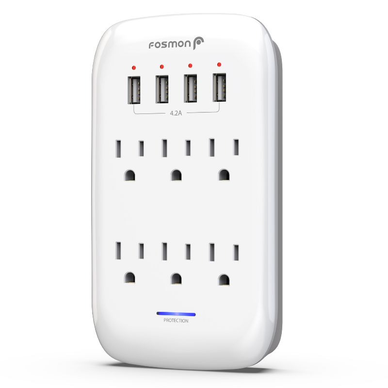 Fosmon [ETL Listed] 6-Outlet Plug Extender Wall Mount Surge Protector (1,225J) with 4-Port USB - White, 1 of 10