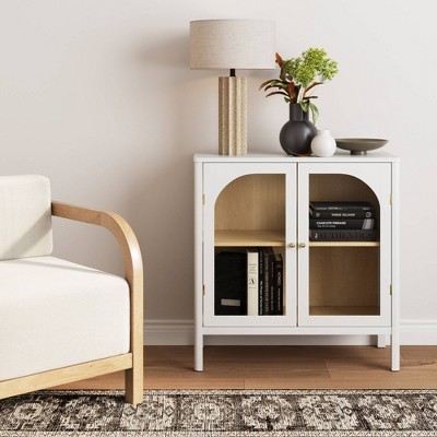 White and Light Oak Glass Door Storage Cabinet with Brass Handles