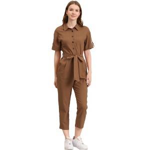 INSPIRE CHIC Women's Short Sleeve Collared Solid Color Button Down Tie Waist Cargo Jumpsuit - 1 of 4