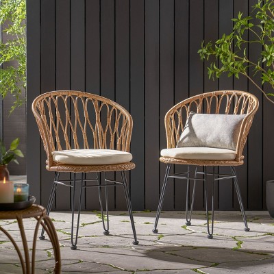 Outdoor 2 PC Wicker Armrests Chairs,Patio Upholstered Wicker Armrests Chair With Hairpin Legs,Single Garden Wicker Backrest Chair-Coolbibila