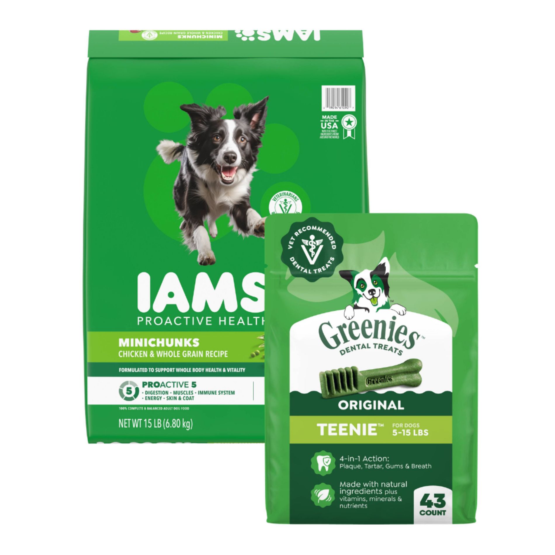IAMS 15lbs Chicken and Whole Grain Flavor Minichunks Dry Dog Food + Greenies 12oz/43ct Teenie Chewy Dental Dog Treats Original Chicken