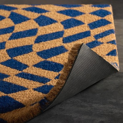 Blue and Natural Coir Checkerboard Outdoor Door Mat, 24" x 36"