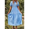 Women's Puff Short Sleeve Smocked Midi Dress Casual Summer Floral Print Elastic Waist Tiered A Line Maxi Dress - 3 of 4
