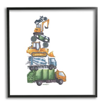 Stupell Industries Balancing Trucks Construction Vehicles Stacked Automobiles Black Framed Giclee Art