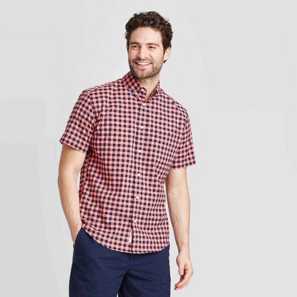 Men's Checked Standard Fit Short Sleeve Button-Down Shirt - Goodfellow & Co Bright Pink M was $19.99 now $12.0 (40.0% off)