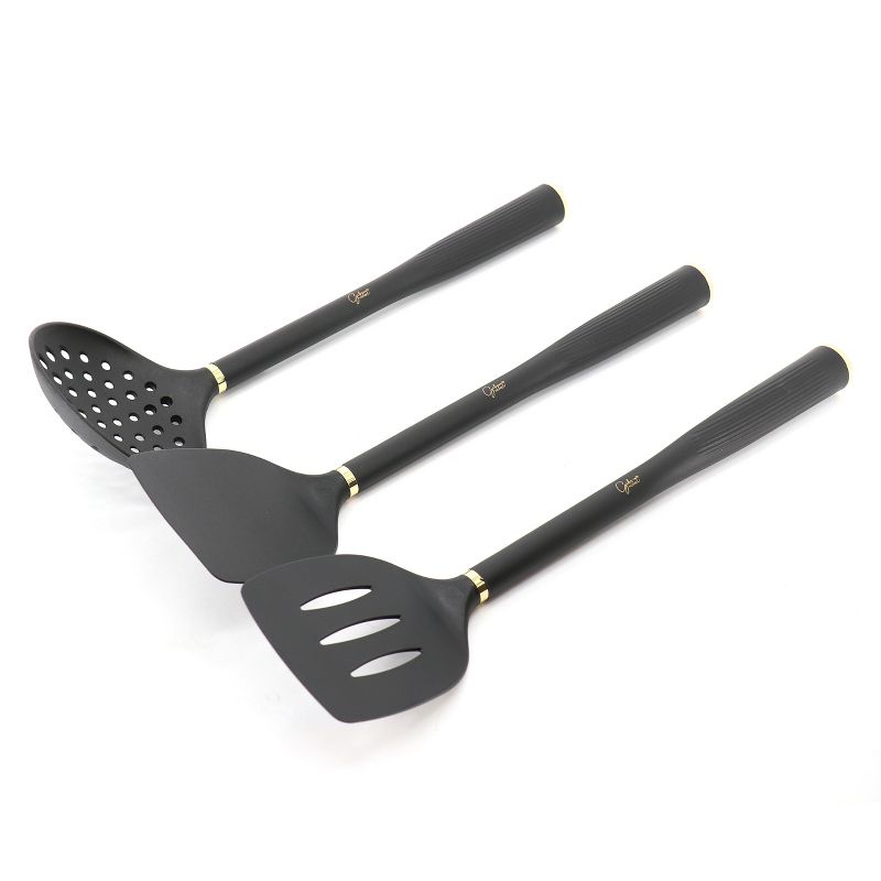 Gibson Home Hampsbridge 10 Piece Nylon Kitchen Tool Set and Utensil Crock in Black and Gold, 3 of 9