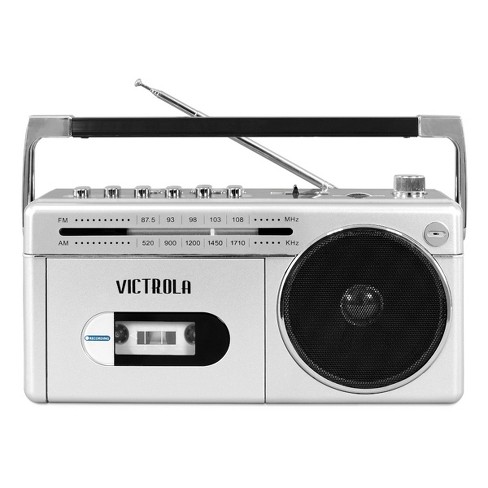 Victrola Mini Bluetooth Boombox with Cassette Player, Recorder and AM/FM  Radio (Silver)