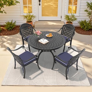 5-Piece Cast Aluminum Outdoor Dining Set: Round Table, Stackable Chairs & Blue Cushions - All-Weather Patio Furniture for Your Backyard - 1 of 4