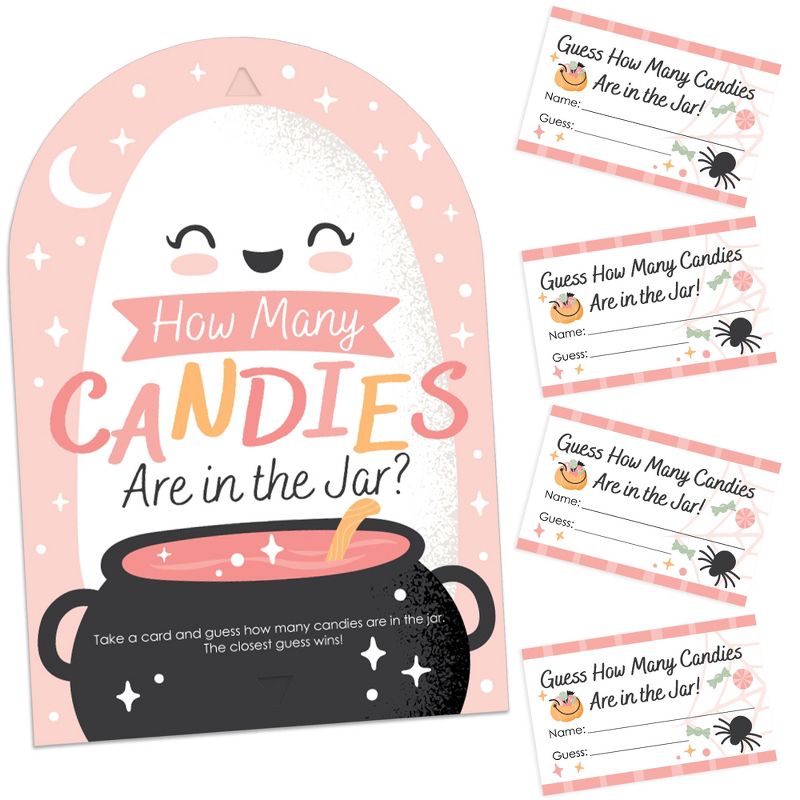 Big Dot of Happiness Pastel Halloween - How Many Candies Pink Pumpkin Party Game - 1 Stand and 40 Cards - Candy Guessing Game, 1 of 9