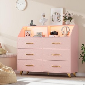 Lighted Chest of Drawer, Modern Black 6 Drawer Dresser with Charging Station, Open Shelf, Large Drawer Cabinet for Living Room, Bedroom - 1 of 4
