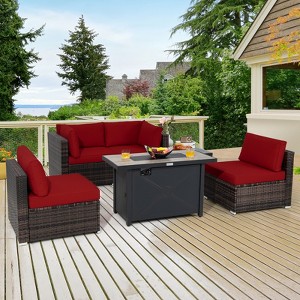 Costway 6PCS Patio Furniture Set Rattan Cushioned Sofa Gas Fire Pit Table Black/Turquoise/Red/Off-white/Navy - 1 of 4