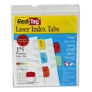 Redi-Tag Laser Printable Index Tabs, 1 1/8 x 1 1/4, 5 Colors, 375/Pack: Multicolor Plastic Filing Accessories, Binder Tabs - 1 of 4