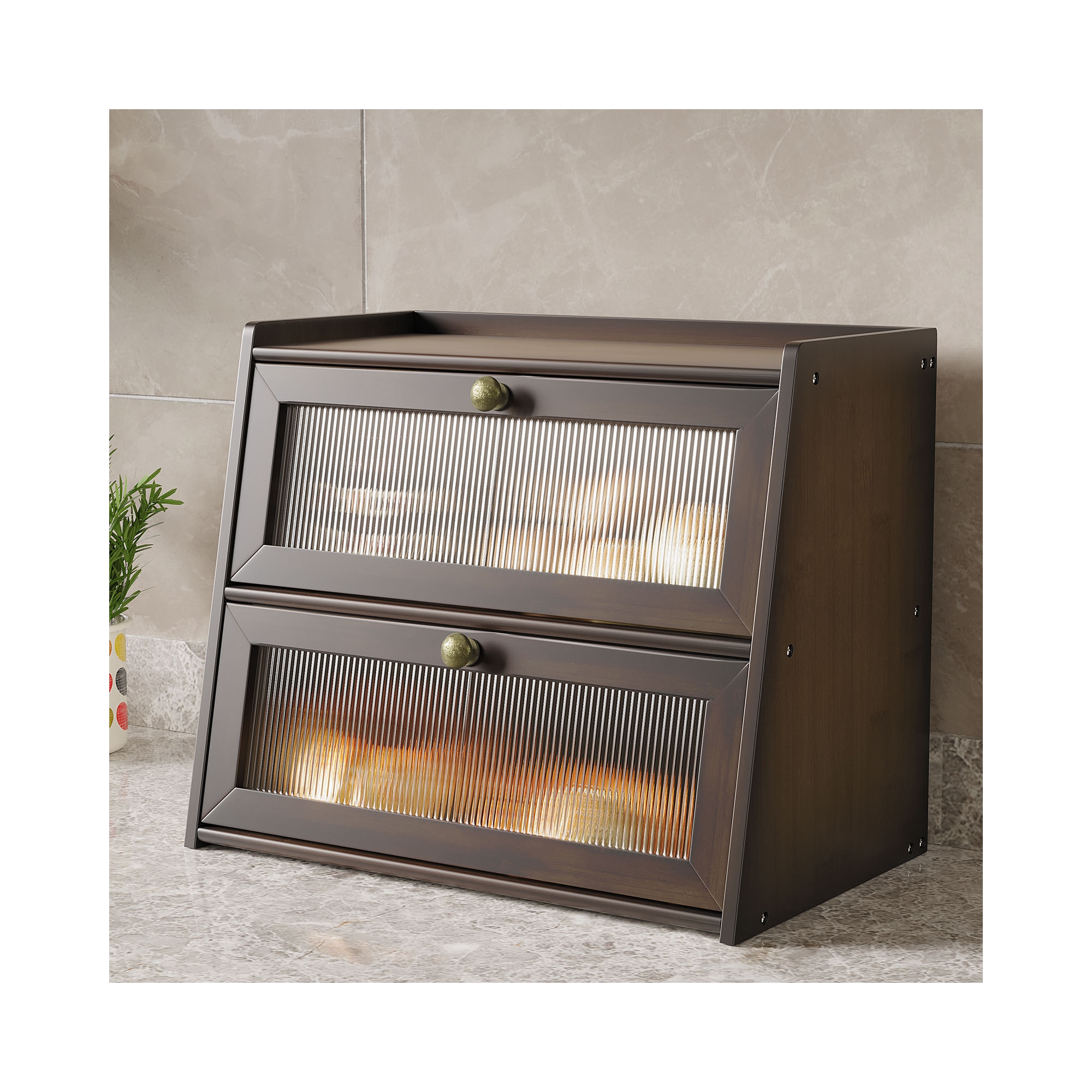 Double Bread Box, Bamboo Kitchen Countertop Organizer, Large Capacity Bread Rack With Window（brown）