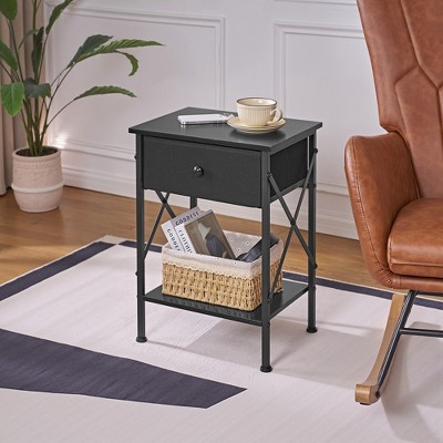 VECELO Modern X-Design Nightstand, End/Side Table with Fabric Drawer & Open Storage Shelves for Bedroom or Living Room