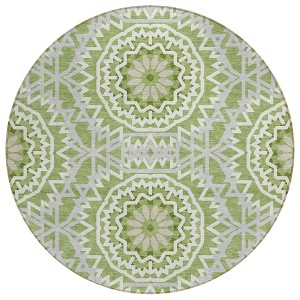 Olive Green And Ivory Floral Medallion Washable Indoor Outdoor Area Rug - 1 of 4