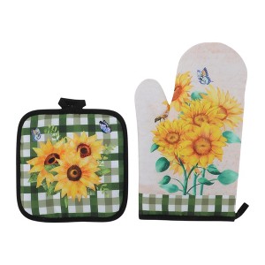 Unique Bargains Oven Mitts and Pot Holder Sunflower Print Polyester Closed Cell Foam Yellow Green - 1 of 4