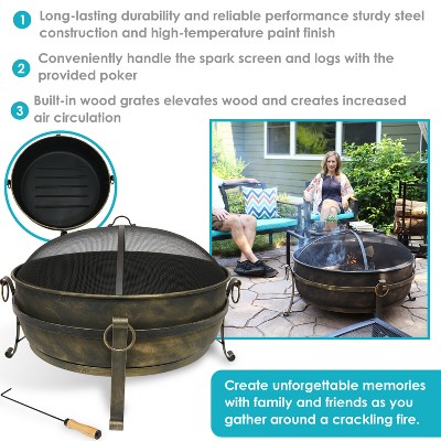 34-Inch Dark Bronze Steel Cauldron Style Fire Pit with Spark Screen