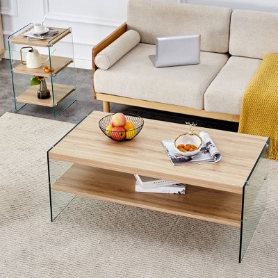 CAVINAS 43.3 Inch Rectangle Coffee Table for Living Room,Bedroom,Modern Center Table with Storage Shelf and Tempered Glass Legs