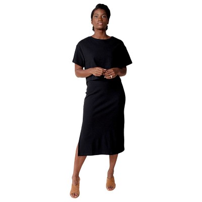 Short Sleeve 2-Piece Organic Cotton Nursing & Maternity Stretch Rib Knit Dress Set Black XS