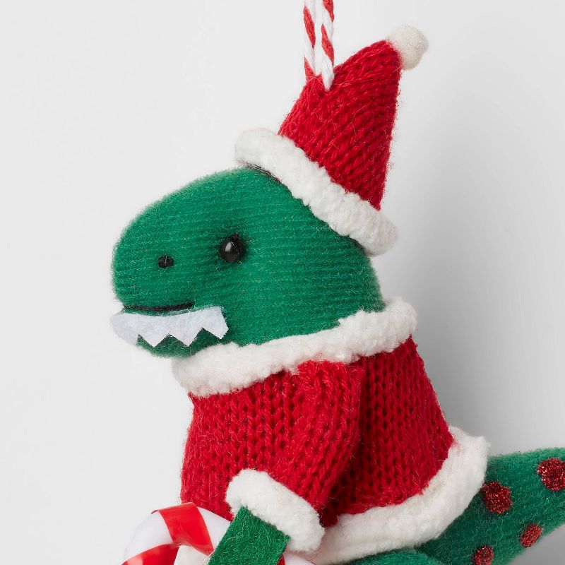 Fabric Tyrannosaurus Rex with Candy Cane Christmas Tree Ornament Green/Red - Wondershop&#8482;, 3 of 4