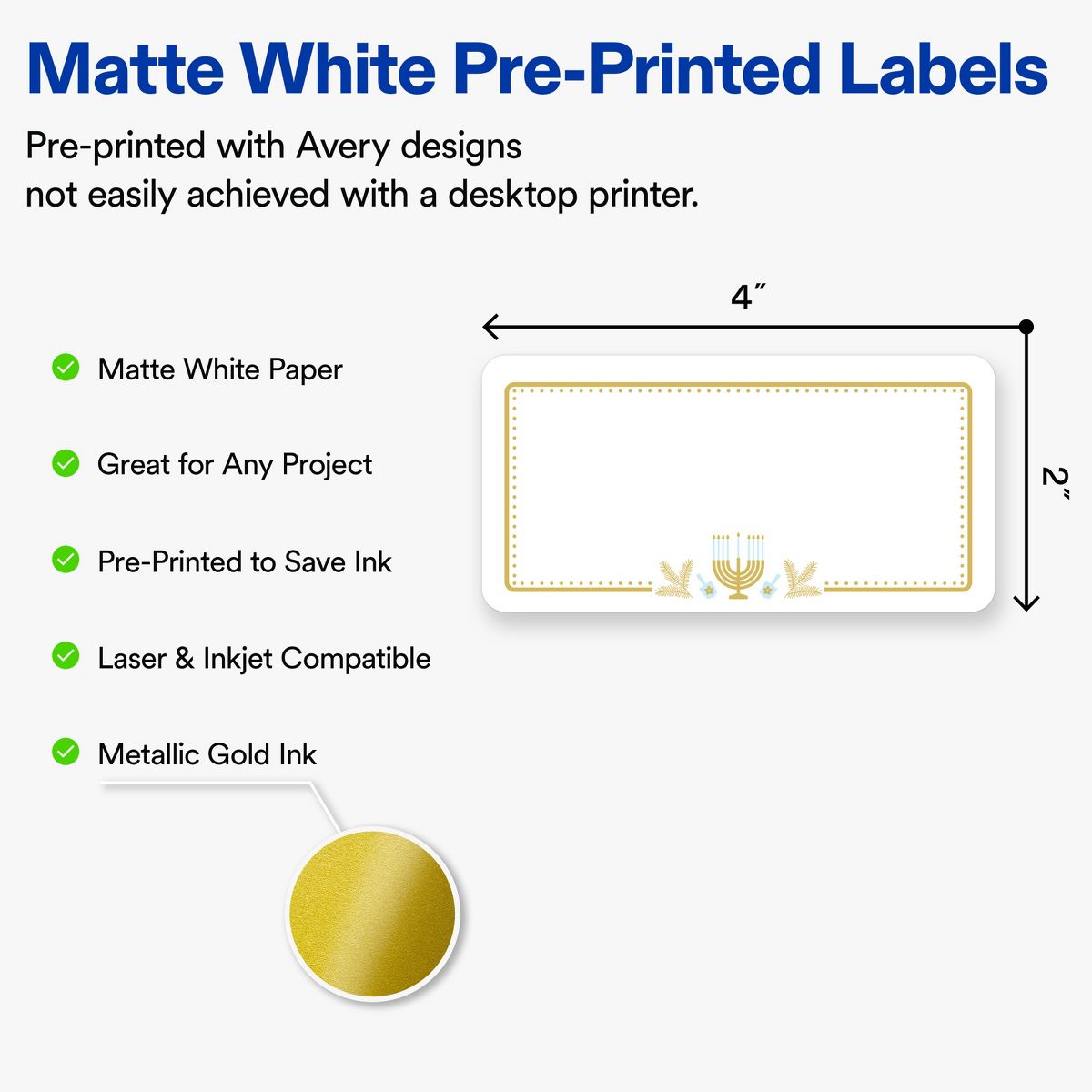 Avery® Labels, 2" x 4", Matte, Gold Menorah Frame, 200 - thumbnail 2