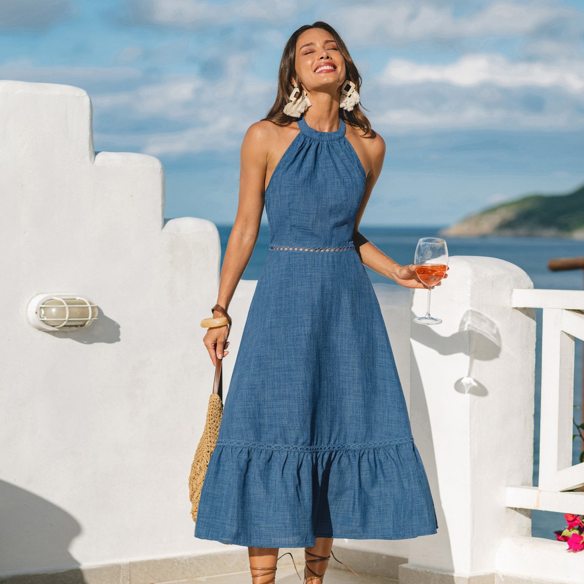 Женские платья Cupshe Women's Halter Maxi Dress with Waist Embellishment-L-Blue — фото 5